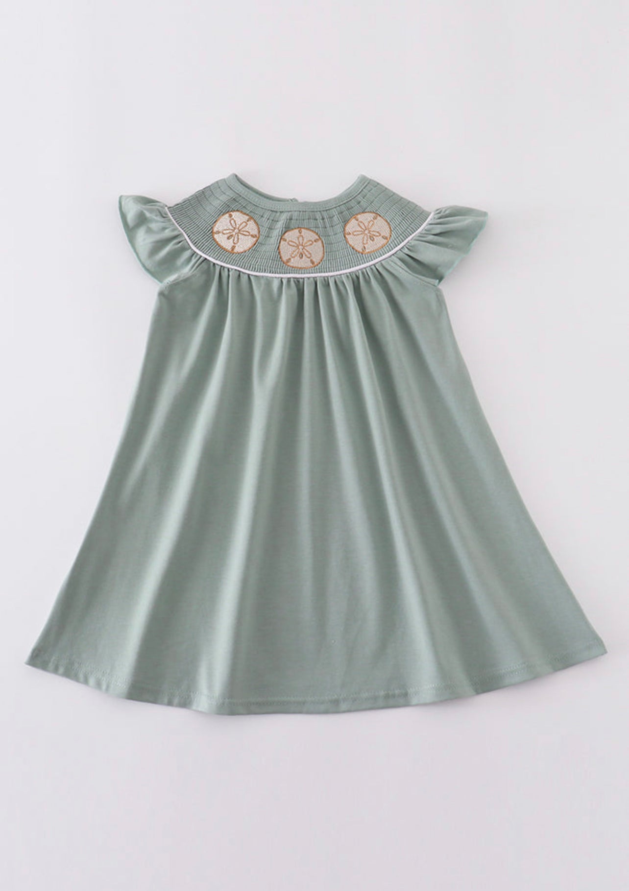 Sage sand dollar embroidery smocked girl dress