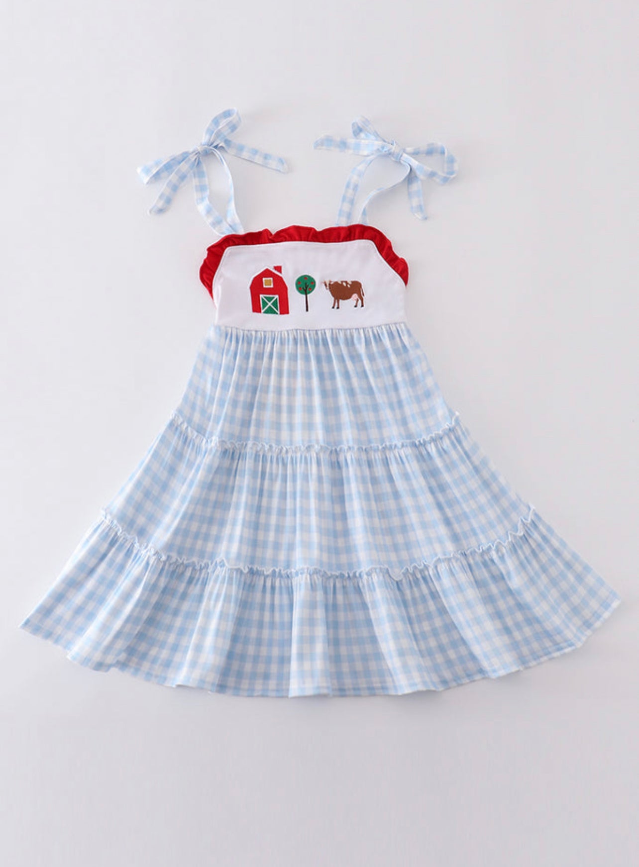 Blue farm embroidery tiered dress