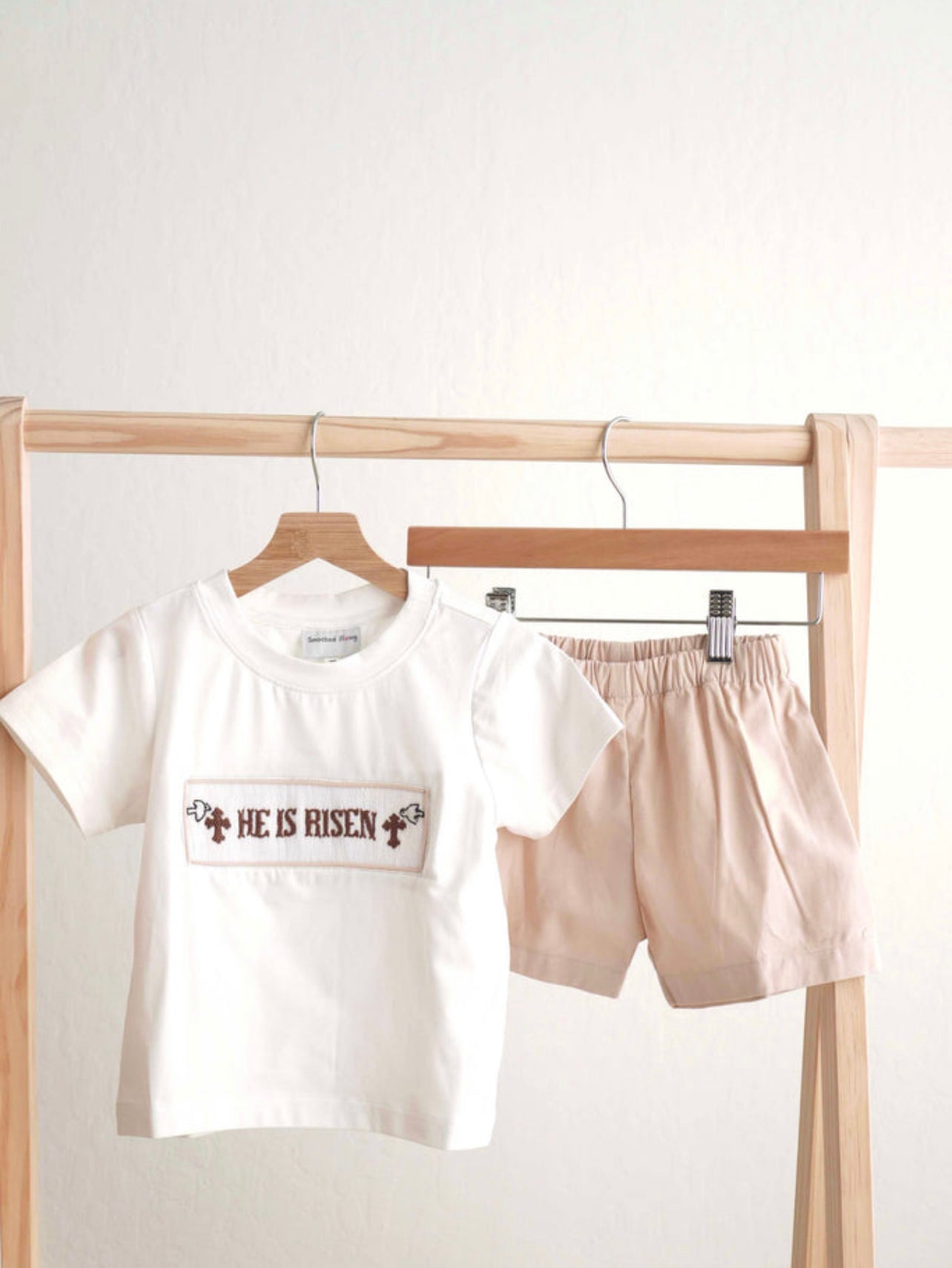 Khaki he is risen hand-smocked boy set