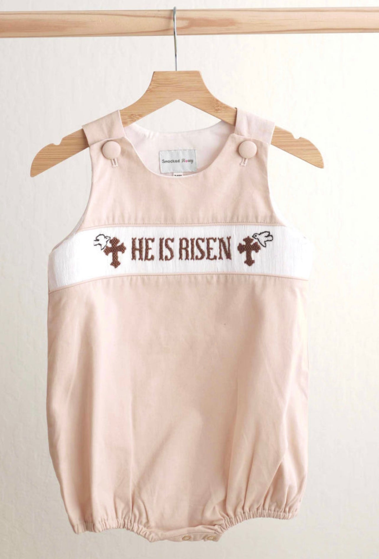 Khaki he is risen hand-smocked boy bubble