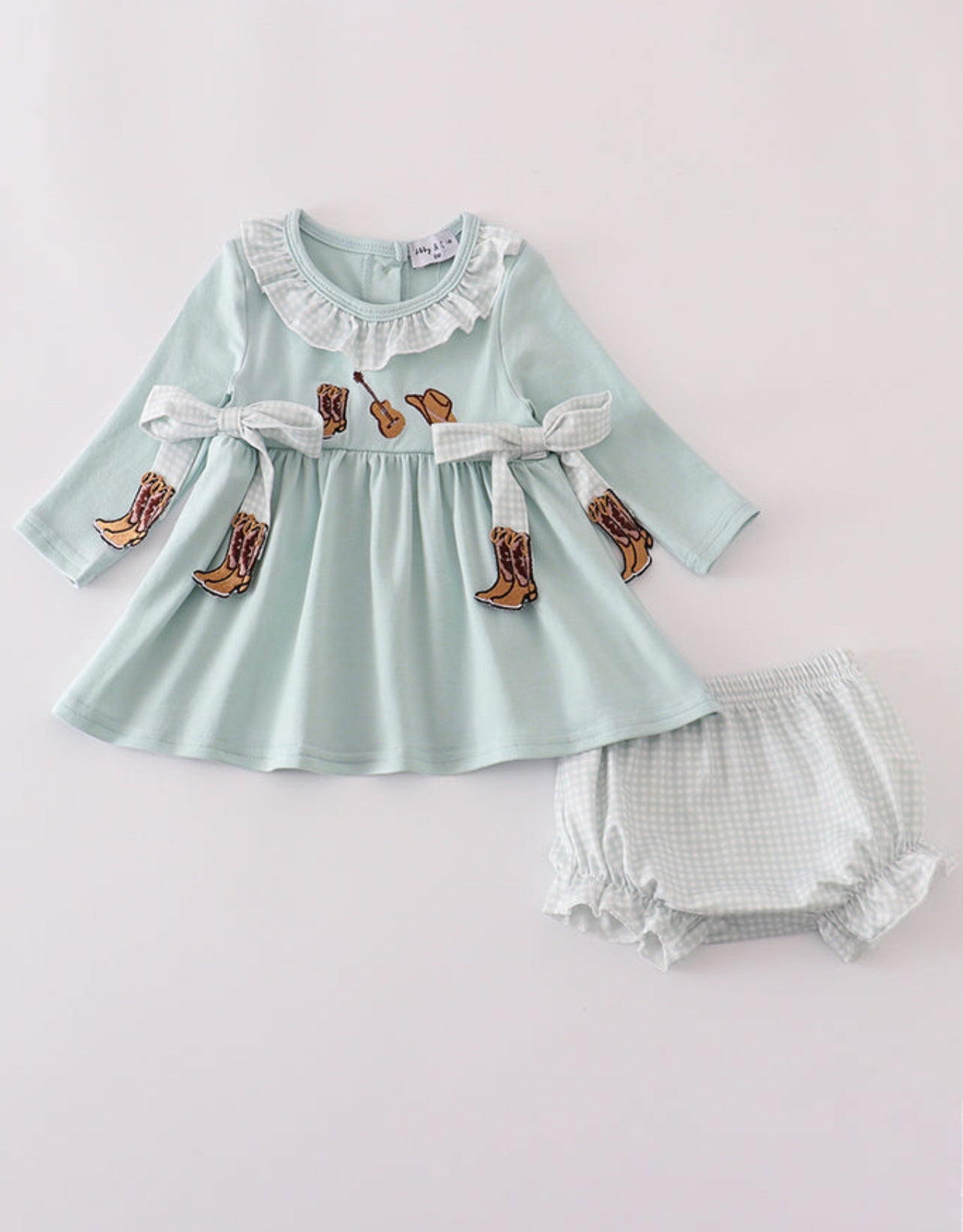 Blue boots embroidery ruffle bloomer set