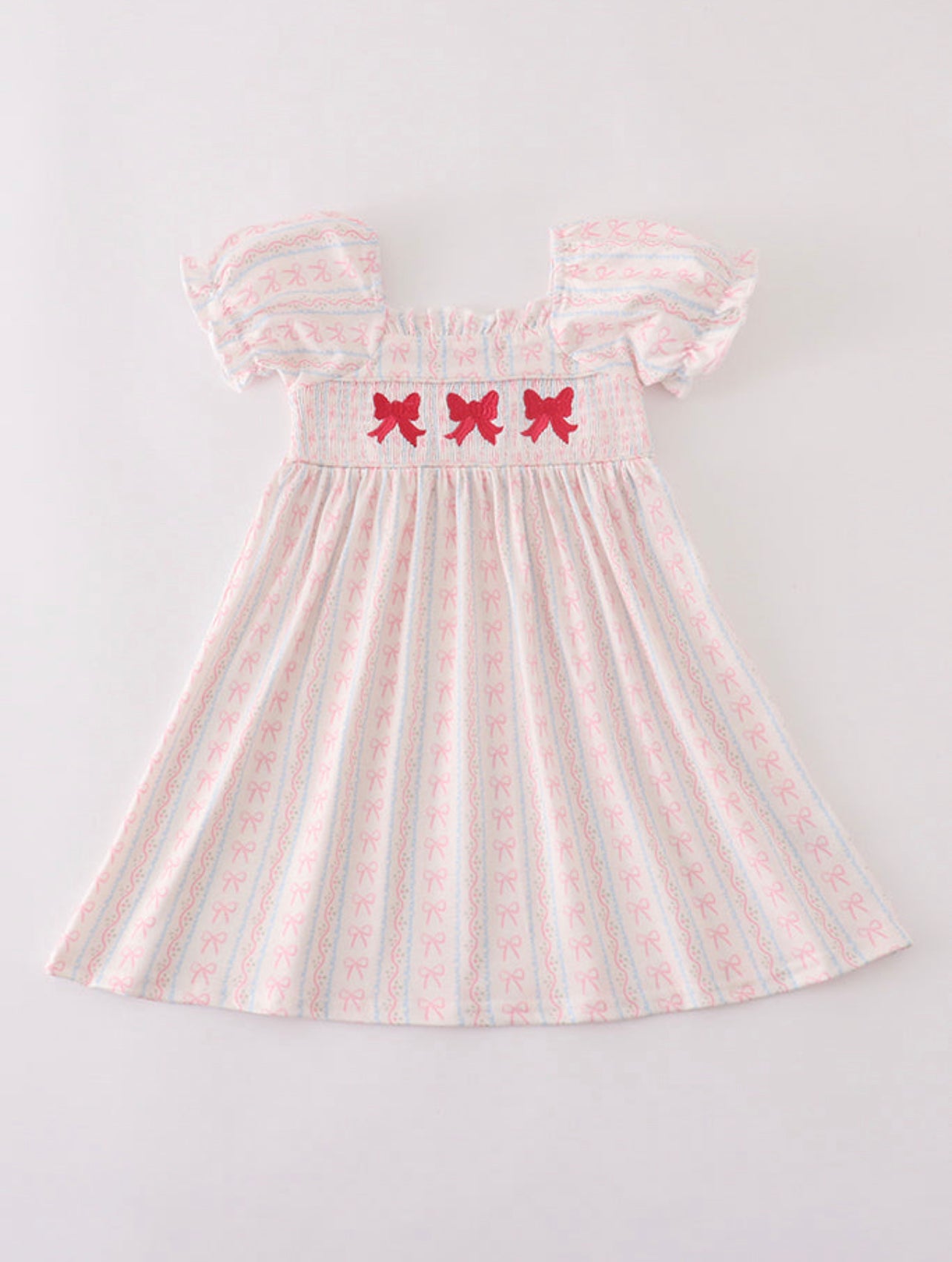 Pink bow embroidery smocked dress