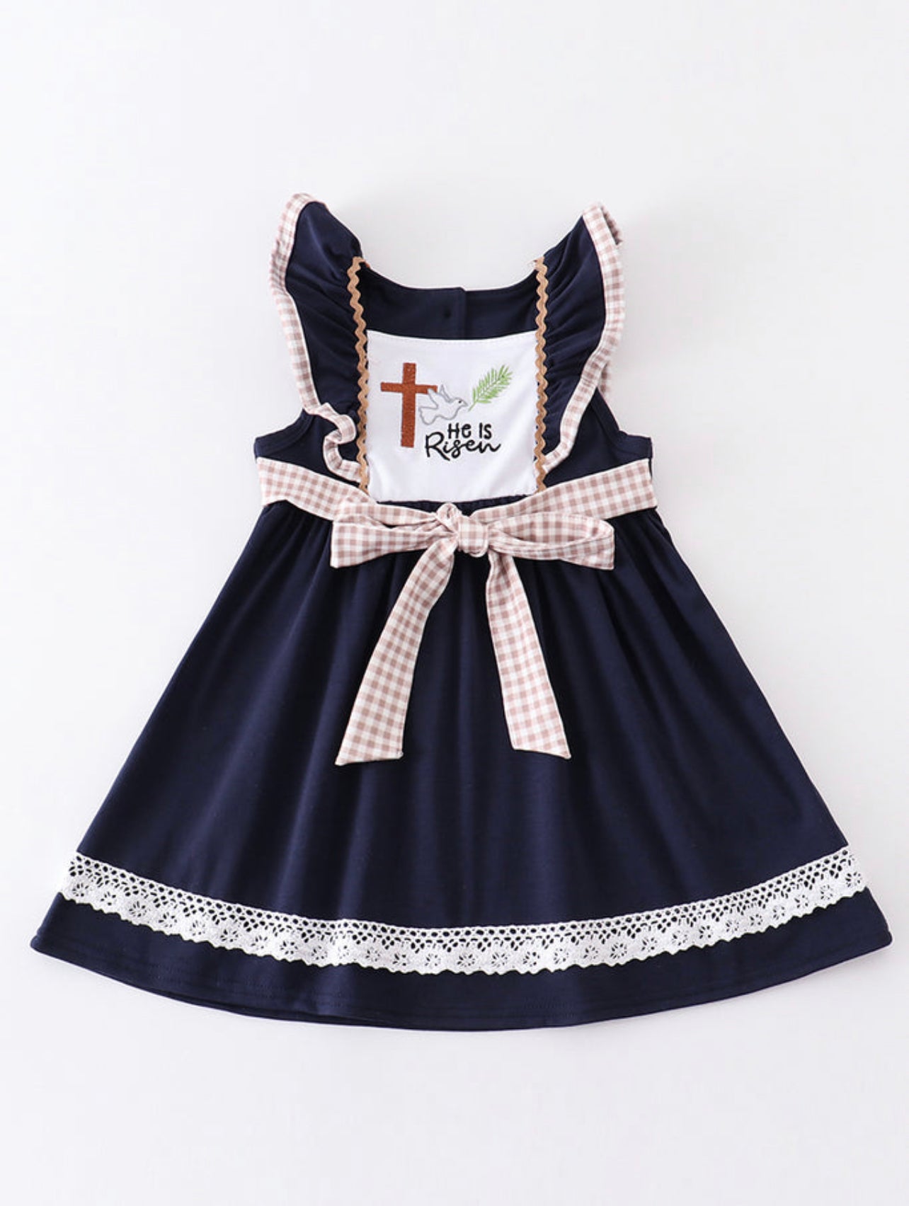Navy he is risen embroidery girl dress