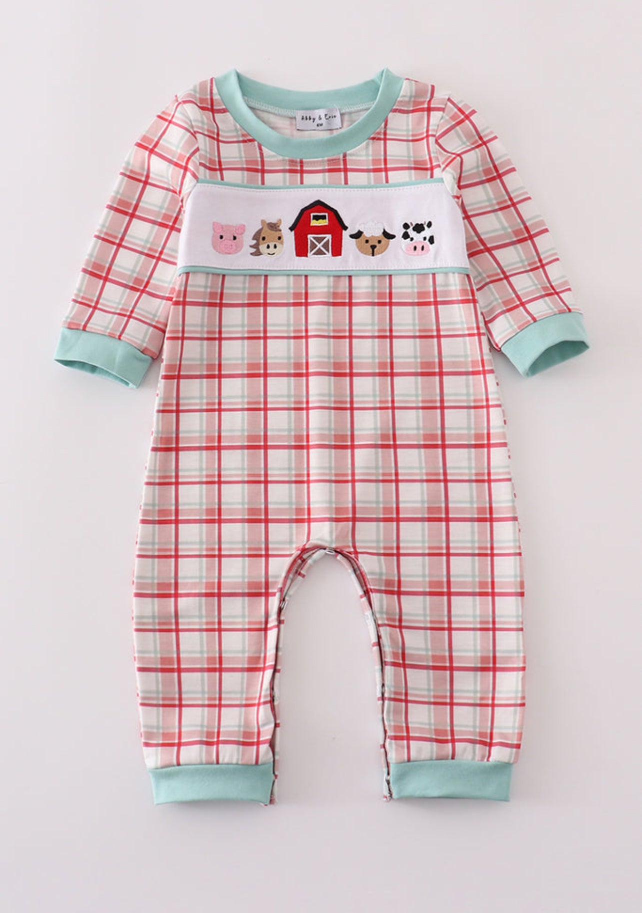 Red plaid farm embroidery romper