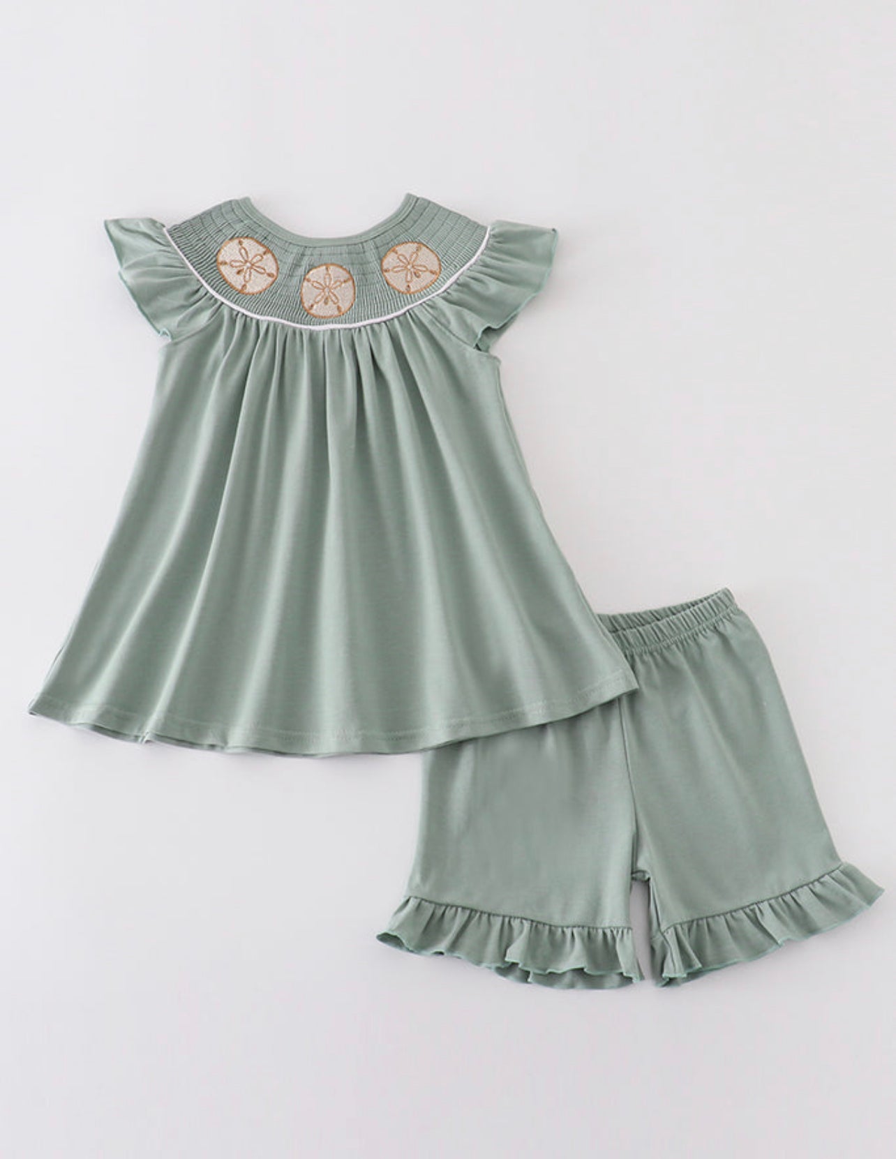 Sage sand dollar embroidery smocked girl set