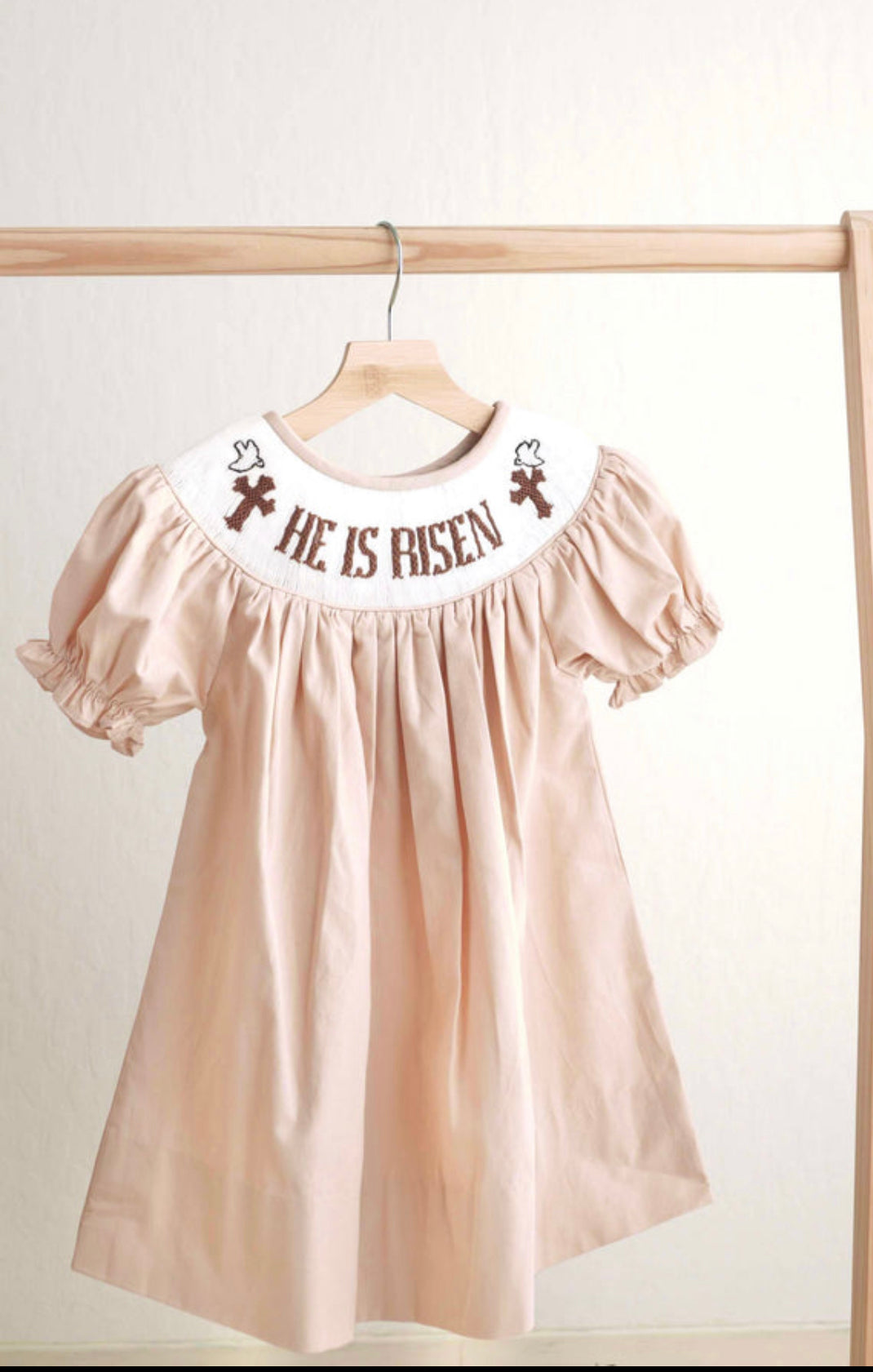 Khaki he is risen hand-smocked girl dress