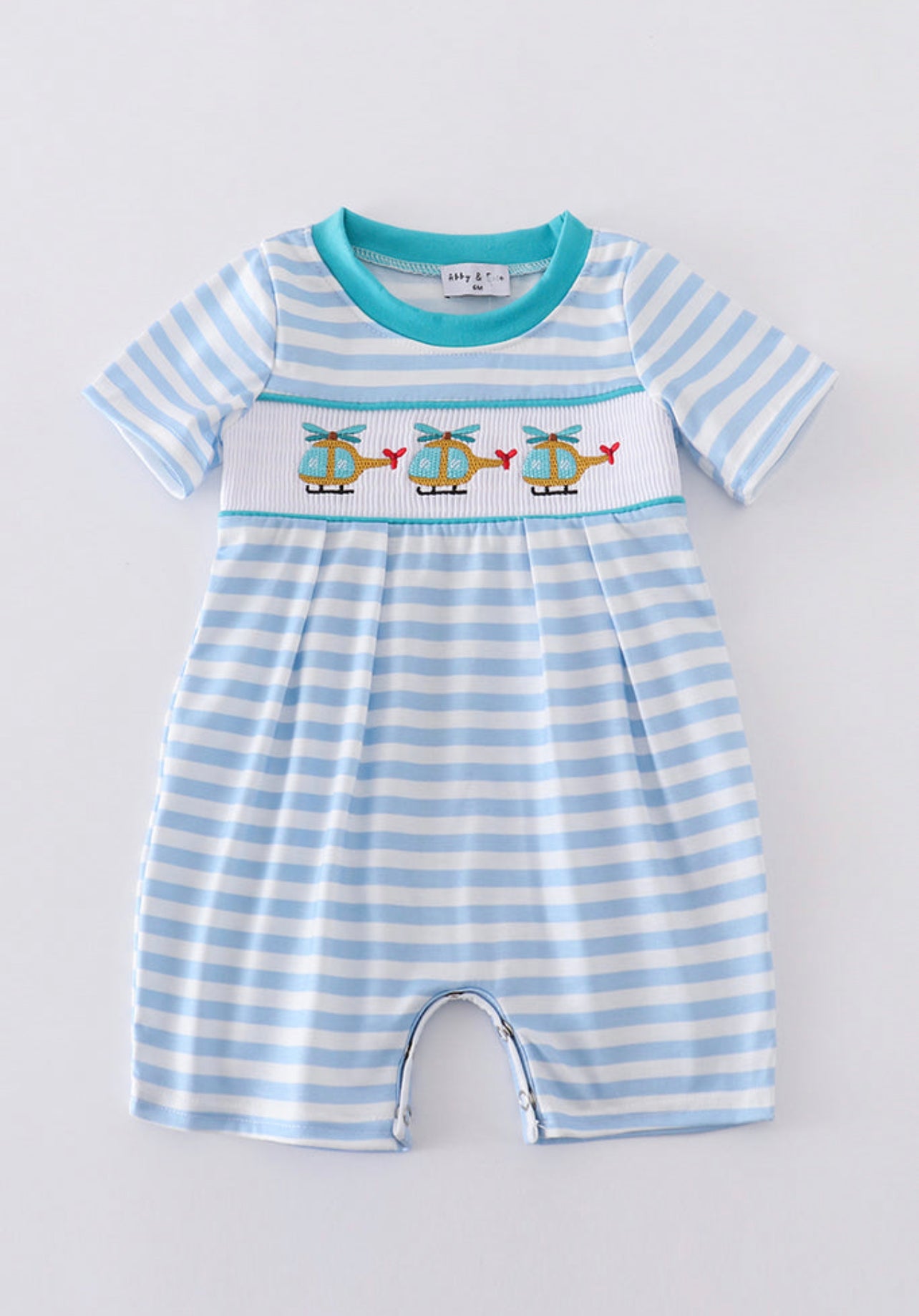 Blue stripe helicopter embroidery smocked boy romper