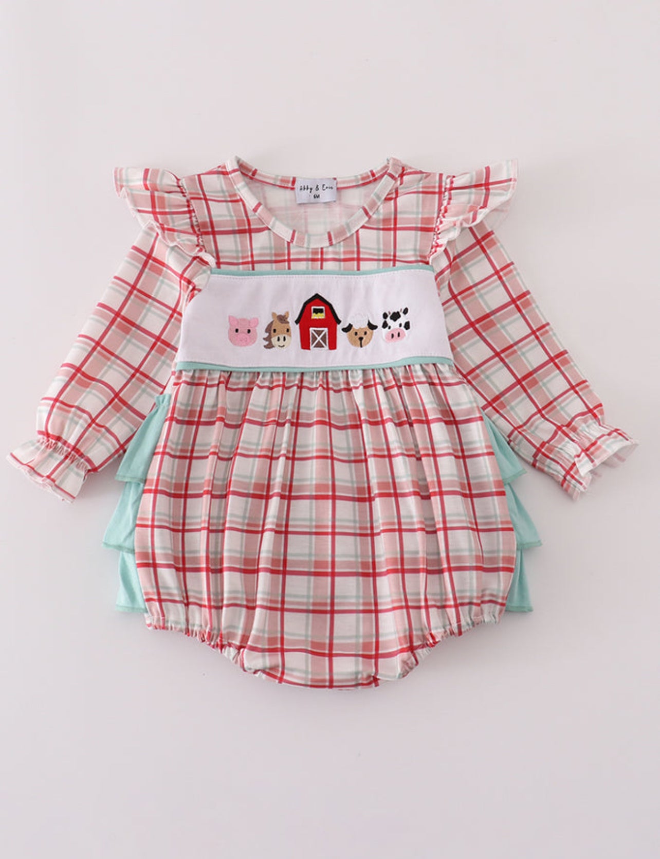 Red plaid farm embroidery ruffle bubble