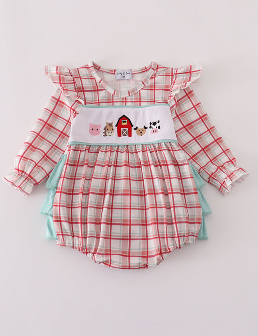 Red plaid farm embroidery ruffle bubble