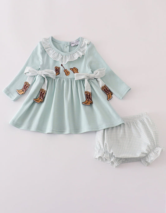 Blue boots embroidery ruffle bloomer set