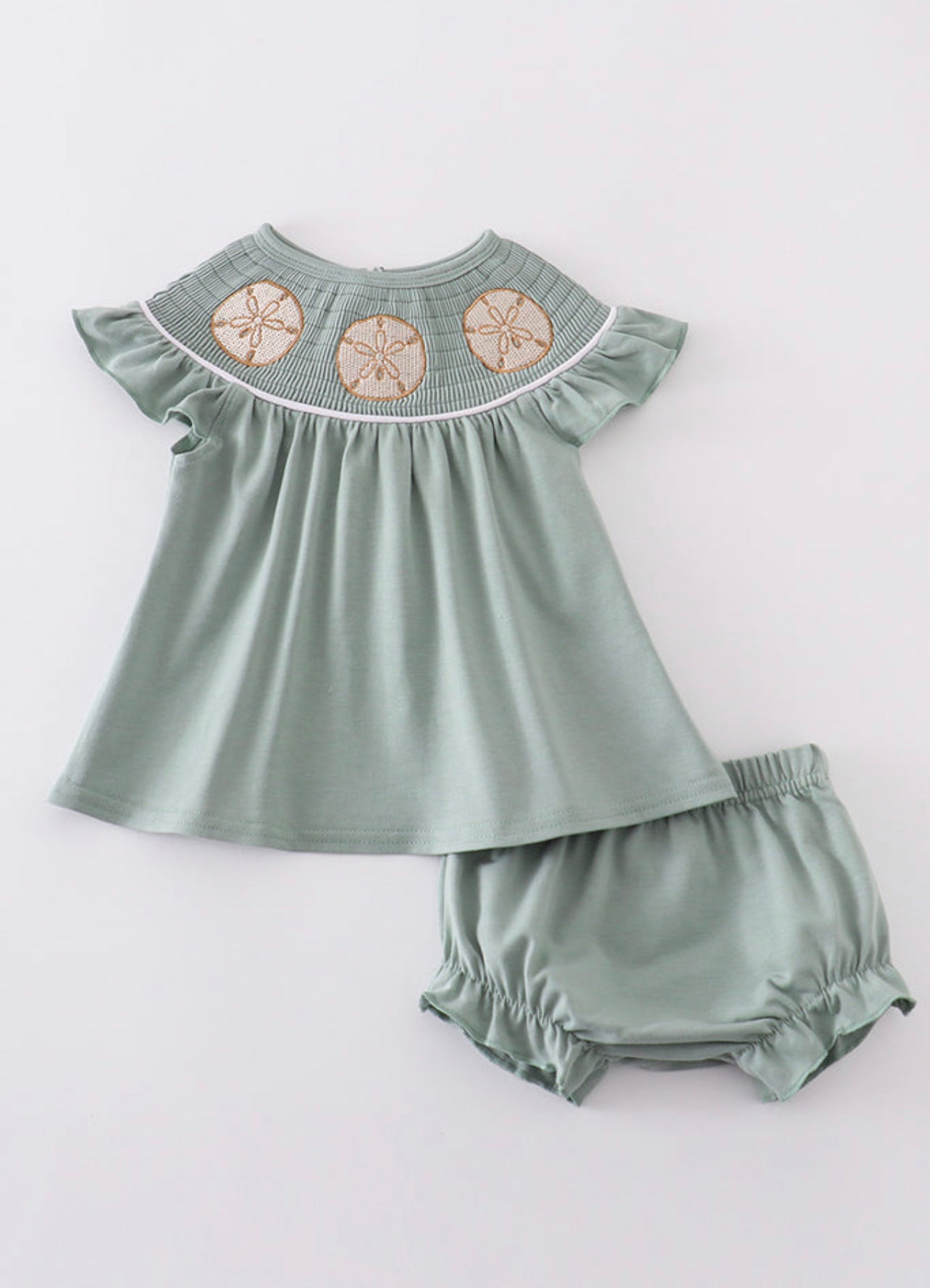 Sage sand dollar embroidery smocked girl bloomer set