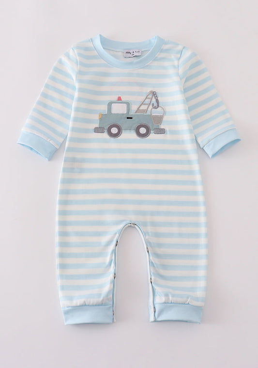 Blue crane applique stripe romper
