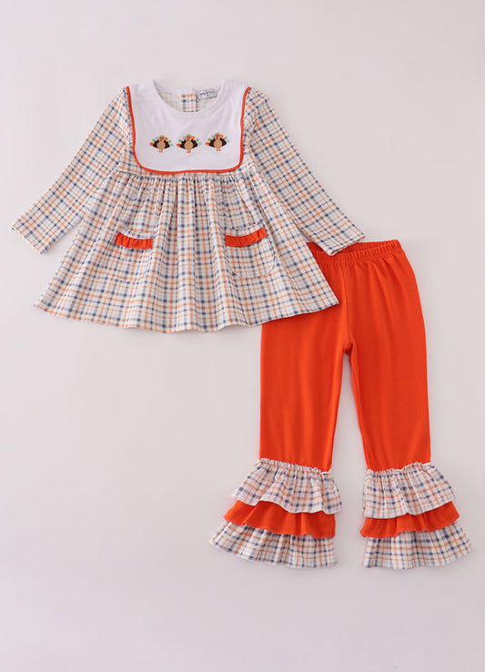 Orange turkey embroidery plaid ruffle pants set