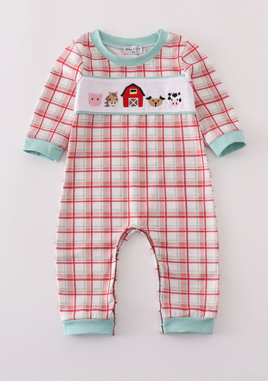 Red plaid farm embroidery romper