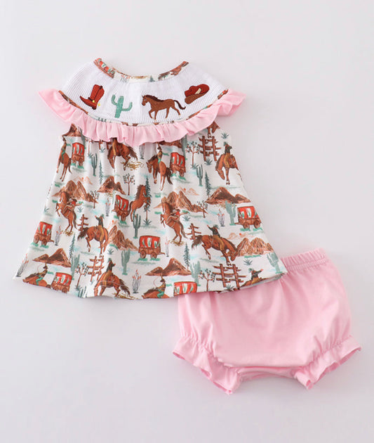 Pink western cowboy embroidery smocked bloomer set